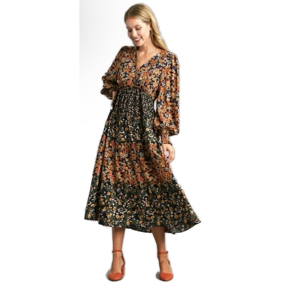Umgee mixed floral print tiered midi dress Wildflower Midi Dress Size Medium